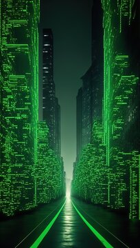 City Street With Tall Buildings On Both Sides. Matrix City. Futuristic Glowing Green City. Green Neon Lights. Glowing Binary Codes.