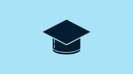 Blue Graduation cap icon isolated on blue background. Graduation hat with tassel icon. 4K Video motion graphic animation