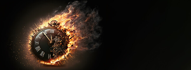 Clock on fire, clock face consumed as time burns away. Generative AI.