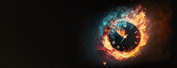 Clock on fire, time's burning end in fiery clock image. Generative AI.