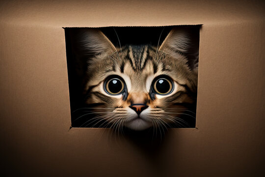 Pet Kitten cat peeking its head out of a brown carboard box.  The stripped tabby kitty is looking curiously with big dilated pupils or eyes.  image created with generative ai.