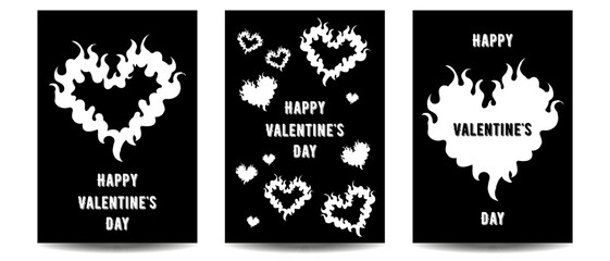 Happy Valentine's Day card set. Black greeting card, banner or background with white fire heart in gothic style. Vector EPS 10