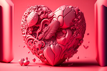 Stylized detailed red heart on pink background - Valentines Day
