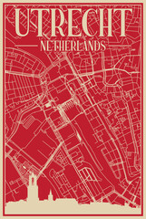 Red hand-drawn framed poster of the downtown UTRECHT, NETHERLANDS with highlighted vintage city skyline and lettering