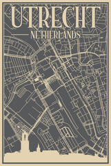 Grey hand-drawn framed poster of the downtown UTRECHT, NETHERLANDS with highlighted vintage city skyline and lettering