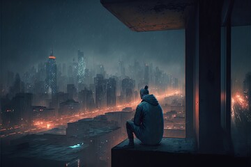 person on the roof at rainy night illustration