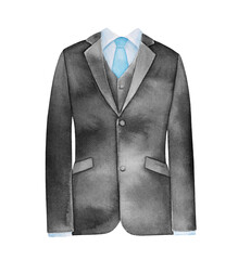 Watercolour illustration of beautiful man suit: black jacket, white shirt and light blue necktie. Hand painted water color graphic drawing on white background, isolated clipart element for design.