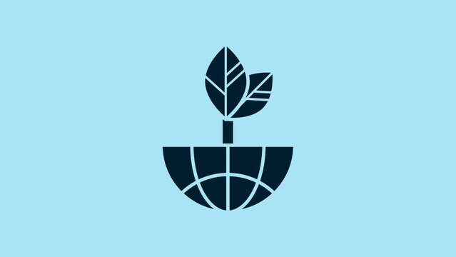 Blue Earth globe and leaf icon isolated on blue background. World or Earth sign. Geometric shapes. Environmental concept. 4K Video motion graphic animation