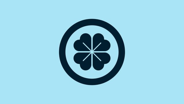 Blue Gold coin with four leaf clover icon isolated on blue background. Happy Saint Patricks day. 4K Video motion graphic animation