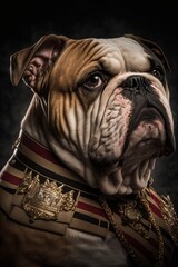 Portrait of English Bulldog wearing historic military uniform with medal. Generative AI
