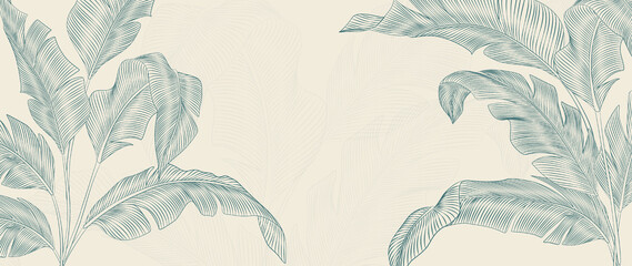 Botanical art background with tropical leaves in white and blue color hand drawn in line style. Luxury banner with exotic plants for decoration, print, wallpaper, textile, packaging. - obrazy, fototapety, plakaty
