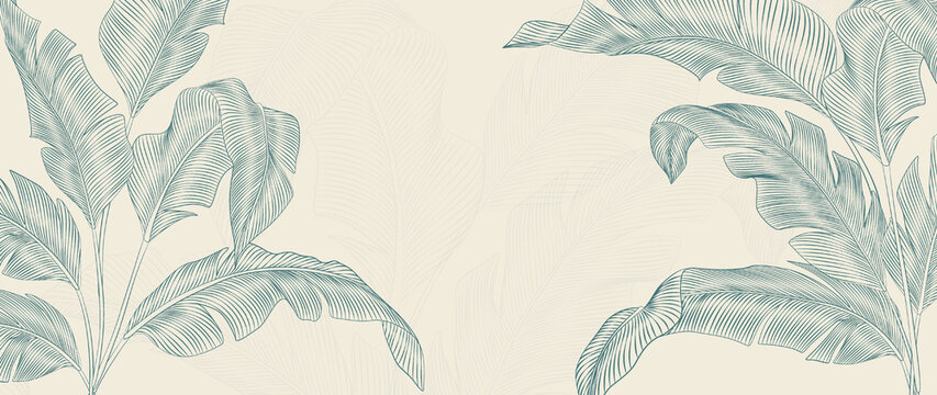 Botanical art background with tropical leaves in white and blue color hand drawn in line style. Luxury banner with exotic plants for decoration, print, wallpaper, textile, packaging.