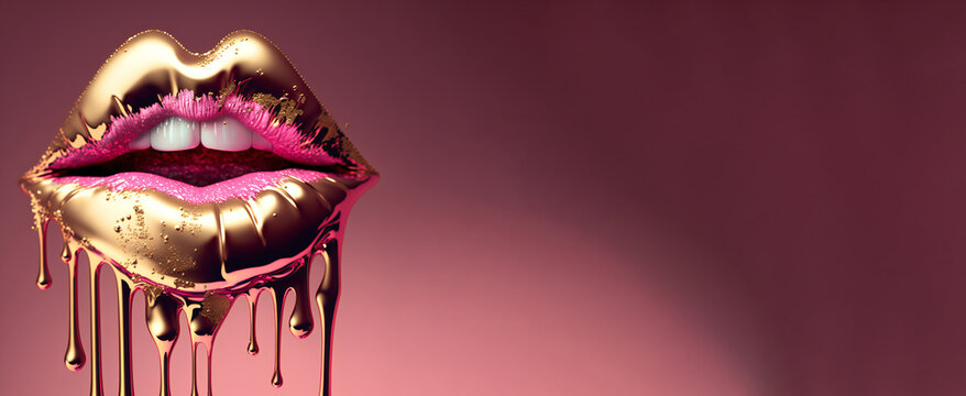 pink and gold lips, dripping with teeth showing , Generative AI	
