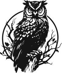 owl logo. Black white hand drawn doodle animal. Ethnic patterned vector logo type black silhouette