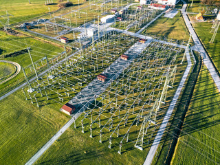 Electrical transformer substation. Aerial view