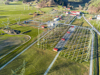 Electrical transformer substation. Aerial view