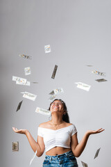 Girl earning money. Lottery winner. Good investment returns, extra income. Win bets and receive a...