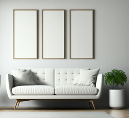 Three Wood Vertical Blank Picture Frame Mockup on The Wall, White Modern Living Room - Generative AI 