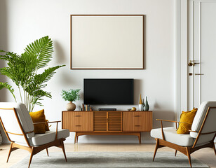Mid Century Living Room, One Horizontal Blank Picture Frame Mockup on The Wall  - Generative AI 