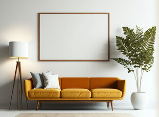 Mid Century Living Room One Horizontal Blank Picture Frame Mockup on The Wall - Generative AI 