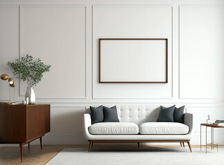 One Horizontal Blank Picture Frame Mockup on The Wall, Mid Century Living Room - Generative AI 