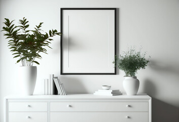 Fototapeta na wymiar One Blank Picture Frame Mockup on White Wall, Modern White Living Room - Generative AI 