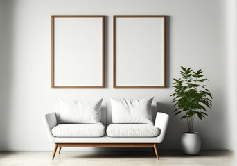 Two Vertical Blank Picture Frame Mockup on White Wall, White Living Room - Generative AI 