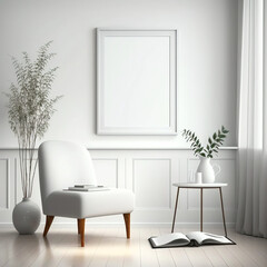 Modern White Living Room One Vertical Blank Picture Frame Mockup on White Wall,  - Generative AI 