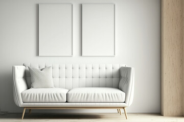Two Vertical  Blank Picture Frame Mockup on White Wall, White Living Room - Generative AI 