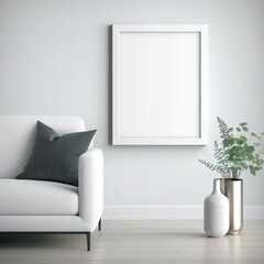 One Vetical Blank Picture Frame Mockup on White Wall, White Living Room - Generative AI 