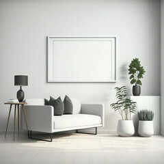 One Horizontal Blank Picture Frame Mockup on White Wall, White Living Room - Generative AI 