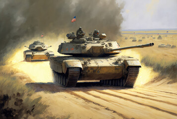 Illustration of a tank advancing on a dirty road in Ukraine. Ai Generative.