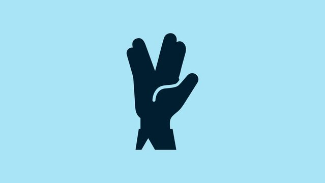 Blue Vulcan salute icon isolated on blue background. Hand with vulcan greet. Spock symbol. 4K Video motion graphic animation