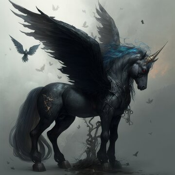 Black Pegasus Unicorn, Ai Generated Image of a Mystical Black Unicorn