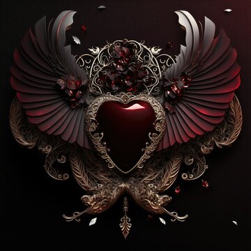 Garnet Heart with Ornate Wings, Ai Generated Image of a Dark Gothic Valentine's Day, Tainted Love