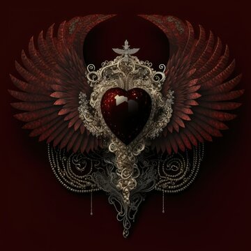 Garnet Heart with Ornate Wings, Ai Generated Image of a Dark Gothic Valentine's Day, Tainted Love
