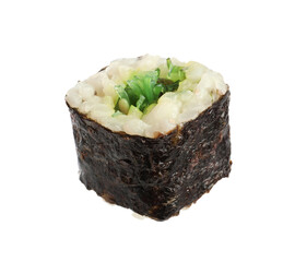 Delicious fresh sushi roll with chuka isolated on white