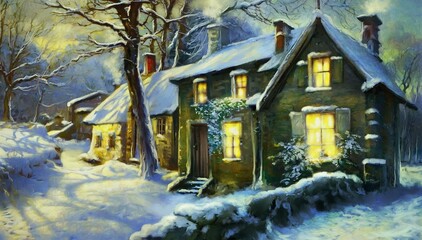 Oil paintings rural landscape, house in the forest in winter, house in the snow. Old village, fine art