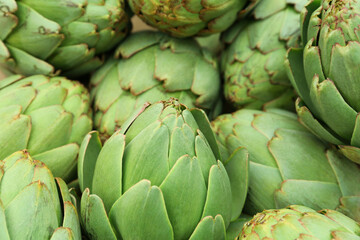 Fototapeta premium Many fresh raw artichokes as background, closeup