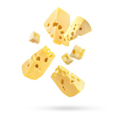 Pieces of delicious cheese falling on white background