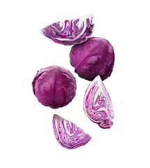 Obraz premium Delicious raw red cabbages flying on white background