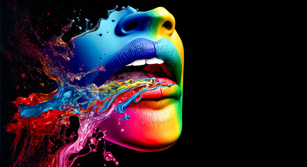  Liquid rainbow colors dripping off of a human females open mouth face and lips. Bright and beautiful colors on a black background with white teeth. abstract art. Image created with generative ai