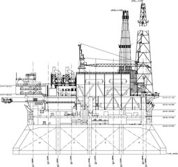 Detailed sketch of a crude oil mining refinery in the middle of the sea
