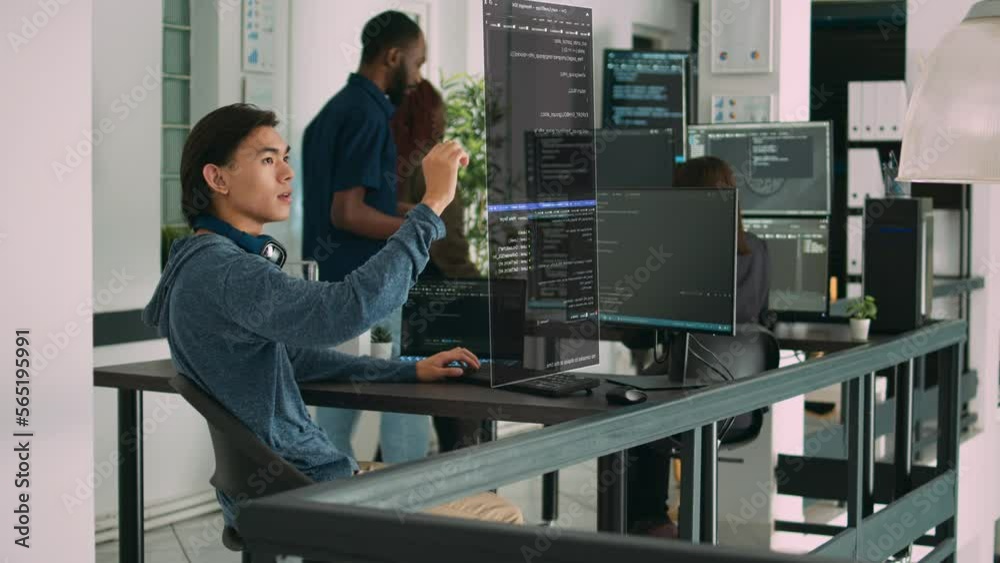 Poster app developer typing script code on pc and using ar hologram, working with augmented reality and htm