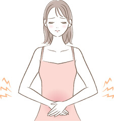 お腹の痛みに悩む女性のイラストカット（20・30代）