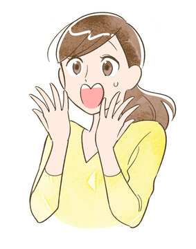 驚く・びっくりする女性のイラスト素材　水彩風バージョン