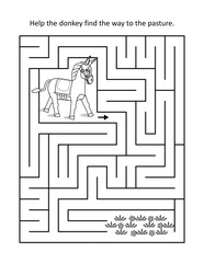 Maze game for kids: Help the donkey find his way to the pasture.
