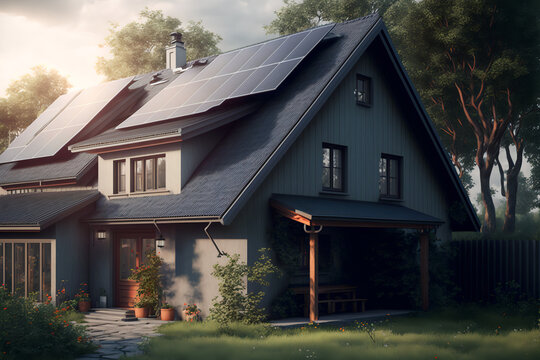 Residential house with rooftop covered with solar cells. Generative AI.