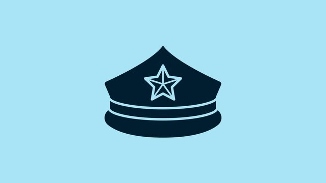 Blue Police cap with cockade icon isolated on blue background. Police hat sign. 4K Video motion graphic animation