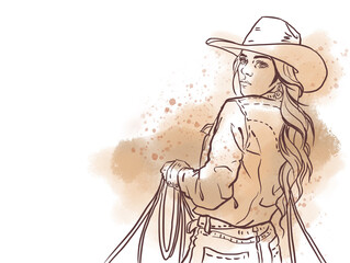 brown cowgirl in a hat digital art for card illustration background